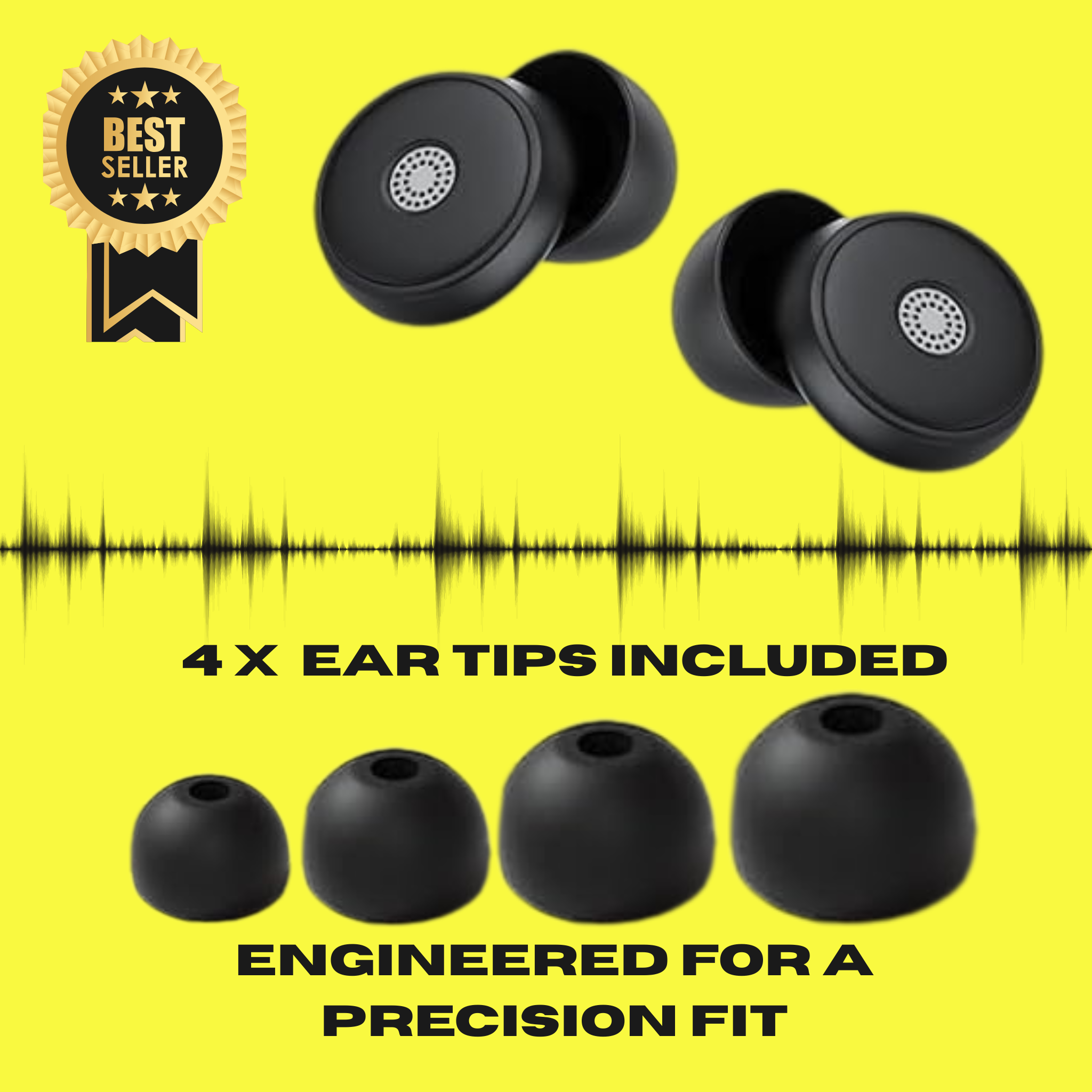 Ride It Rite Black ear plugs with 4 different size of tips, sound wave graphic on yellow background