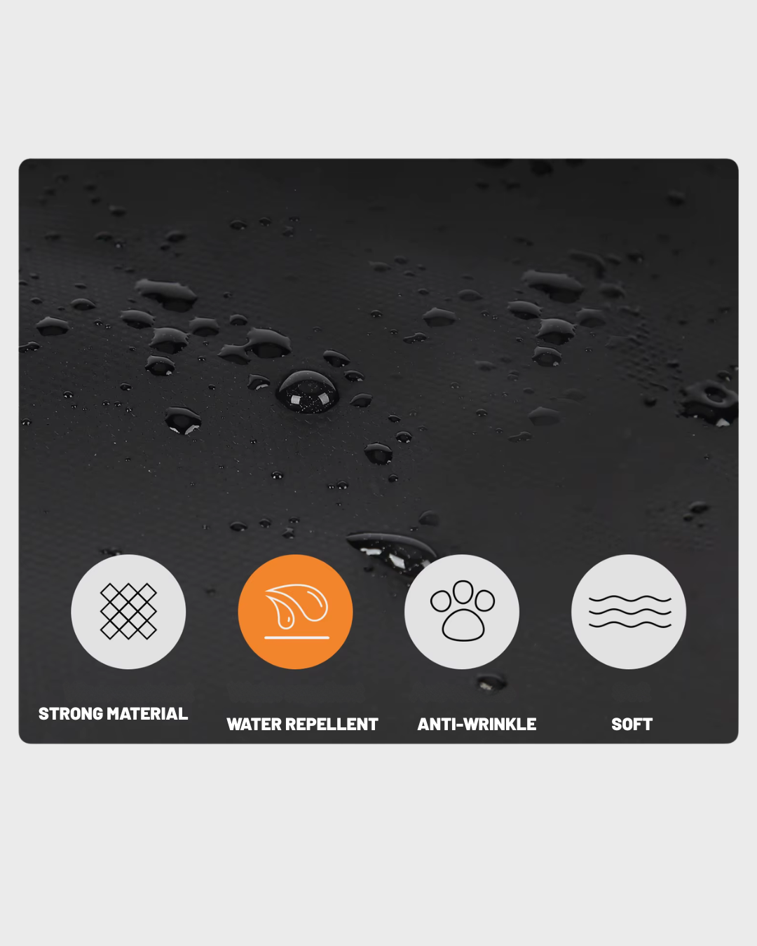 A black rectangular mat or pad with water droplets on its surface, shown on a light gray background. Along the bottom are four white circular icons with labels: 'STRONG MATERIAL', 'WATER REPELLENT', 'ANTI-WRINKLE', and 'SOFT'.