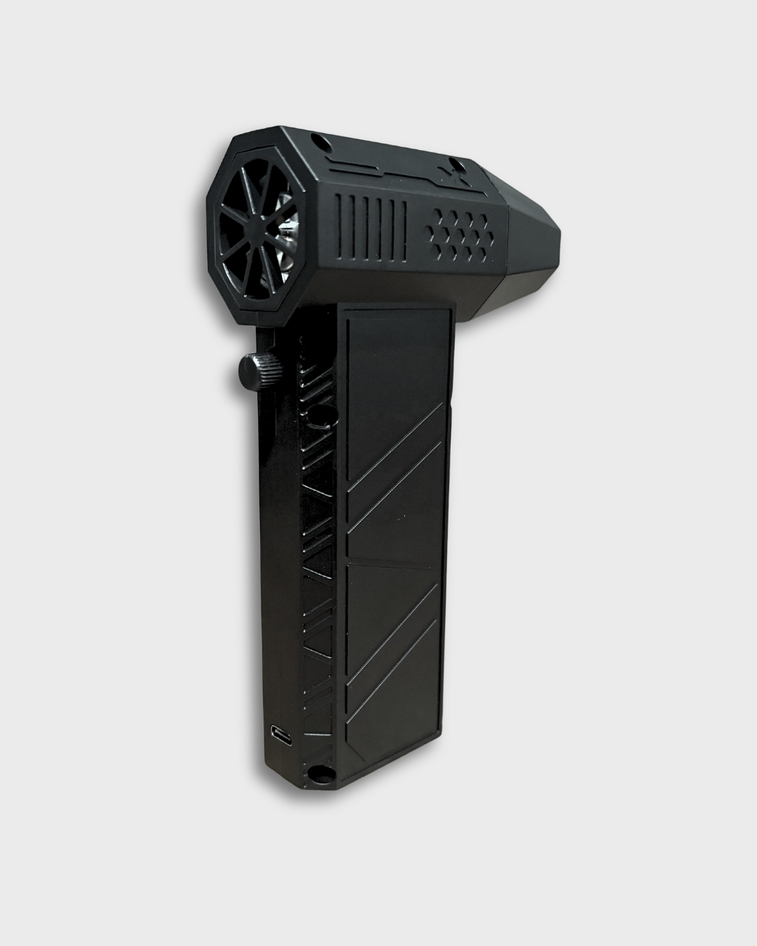 A black handheld motorcycle air blower with a hexagonal vented top and a long rectangular body, shown on a plain light gray background.