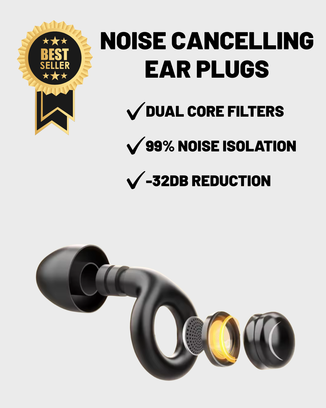 Black noise cancelling ear plugs shown with marketing text and a gold 'Best Seller' badge on a light gray background.