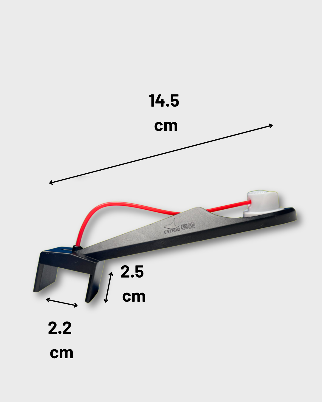 A black motorcycle chain oiler with a red straw shown on a light gray background with dimension arrows and labels reading 14.5 cm, 2.