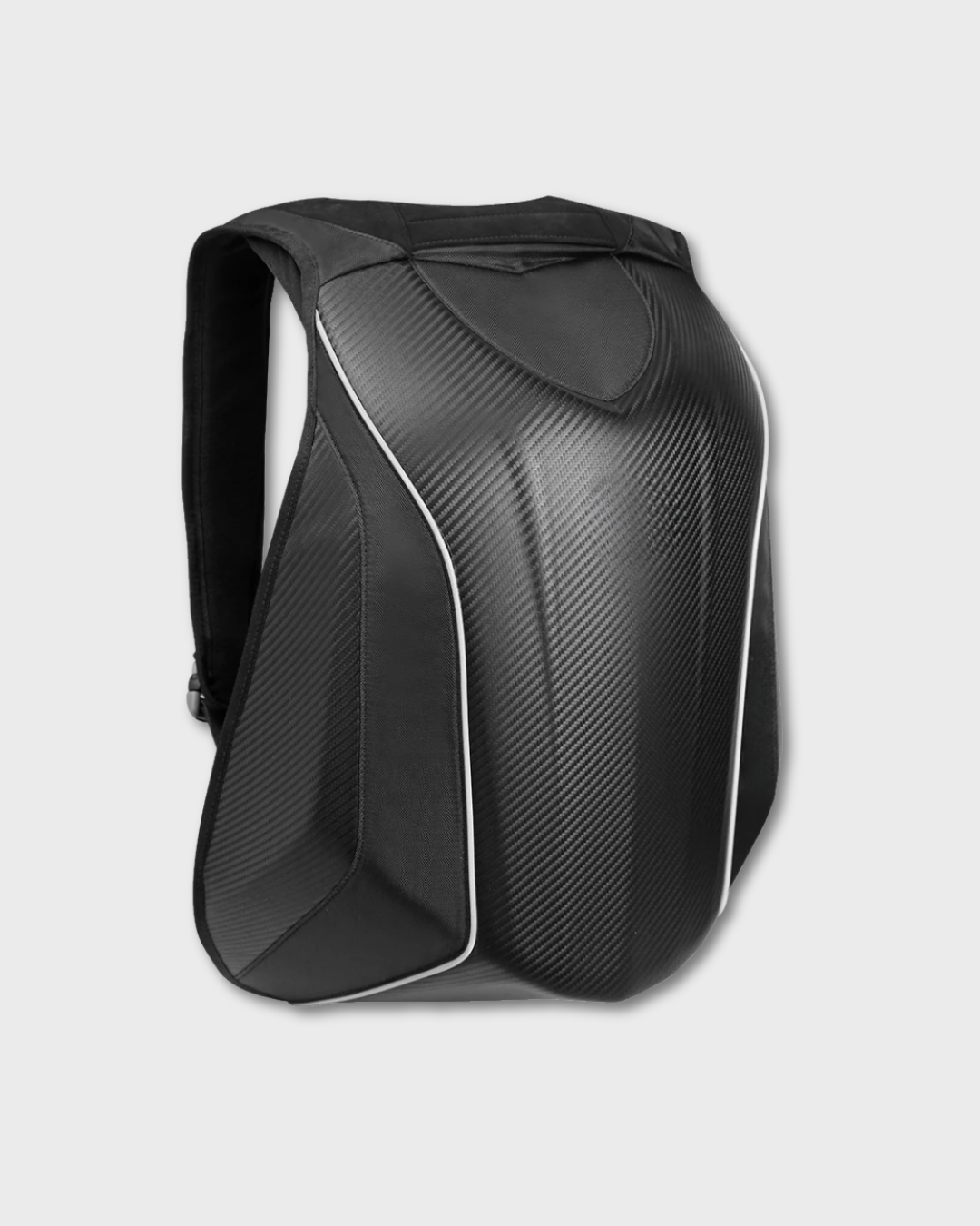 A black hard shell motorcycle backpack with a carbon fiber texture pattern and white piping accents, shown from a three-quarters angle on a light gray background.