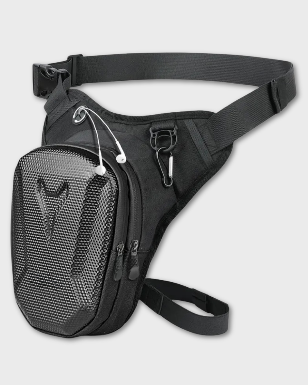 A black waterproof motorcycle leg bag with a front mesh pocket, adjustable waist strap, and zipper compartments, shown against a light gray background.