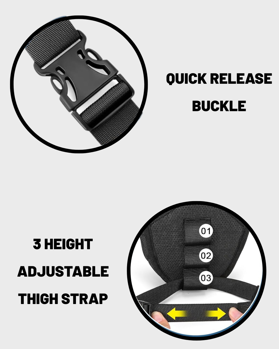 Product feature graphic showing a black adjustable waist/hip strap with a quick-release buckle and a 3-height adjustable thigh strap, with text callouts on a light gray background.
