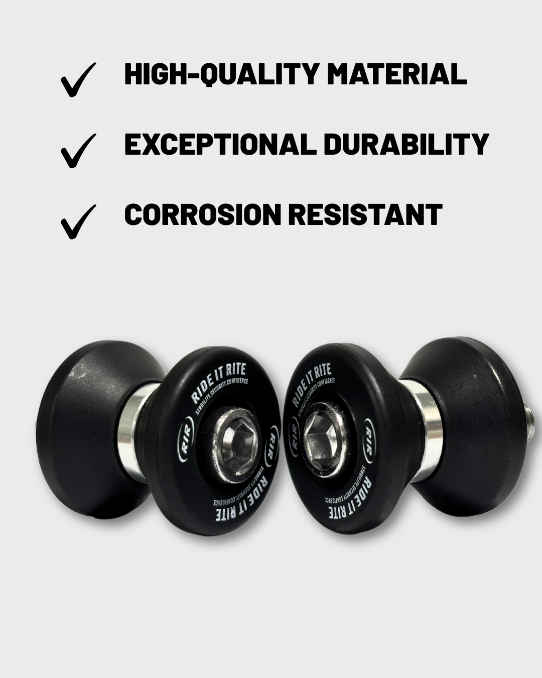 Set of Ride It Rite swingarm spools black with silver metal cores, shown against a light gray background with promotional text listing high-quality material, exceptional durability, and corrosion resistance.