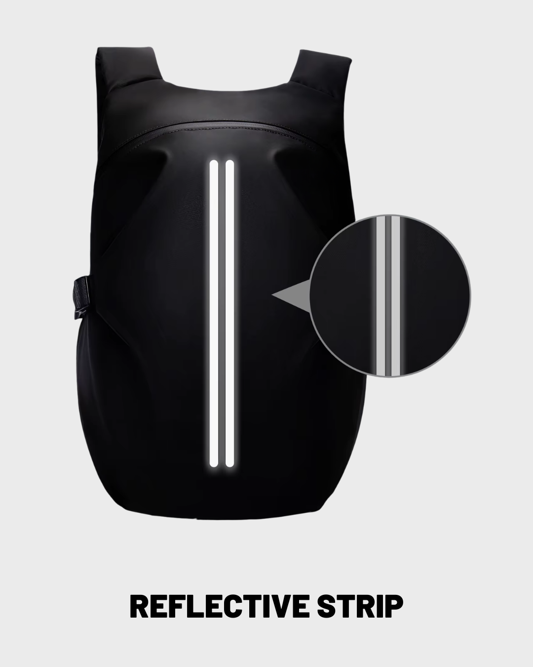 Black waterproof motorcycle backpack with two vertical reflective white strips on the front, shown on a light gray background with a circular detail inset and the text 'REFLECTIVE STRIP' below.