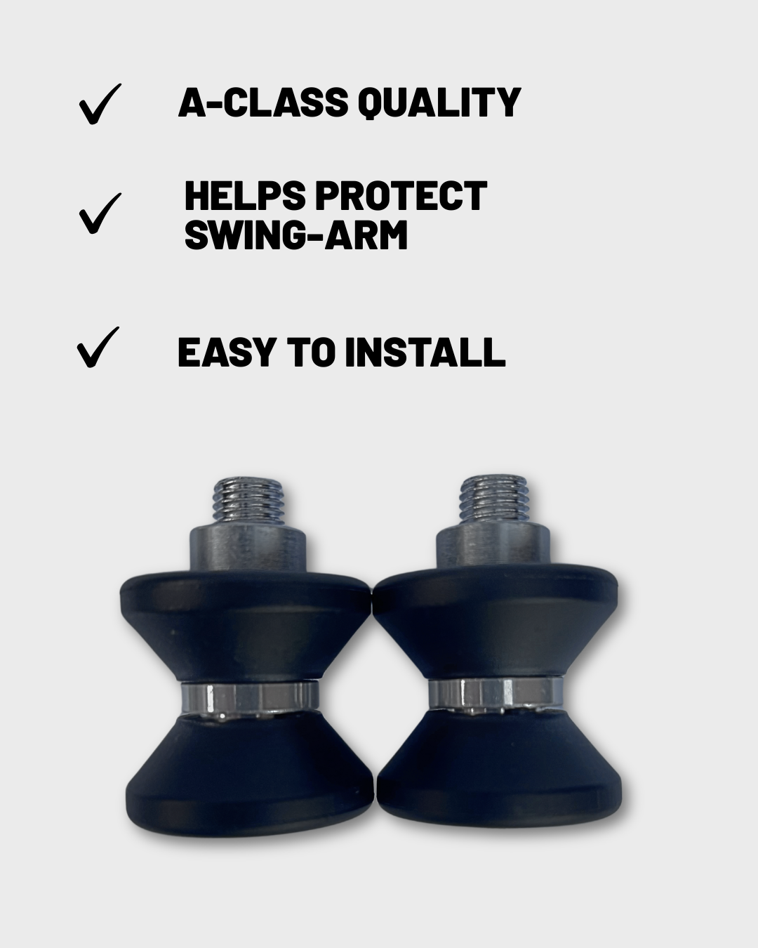 Two Ride It Rite black swing-arm spools mounts with silver threaded studs, shown below text highlighting product benefits: 'A-CLASS QUALITY', 'HELPS PROTECT SWING-ARM', and 'EASY TO INSTALL'.