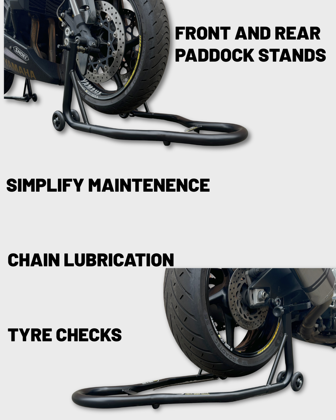 Black Ride It Rite front and rear motorcycle paddock stand shown in two panels with text reading 'FRONT AND REAR PADDOCK STANDS,' 'SIMPLIFY MAINTENANCE,' 'CHAIN LUBRICATION,' and 'TYRE CHECKS.' The top panel shows the stand supporting a motorcycle wheel, and the bottom panel shows the same stand in use on another wheel.