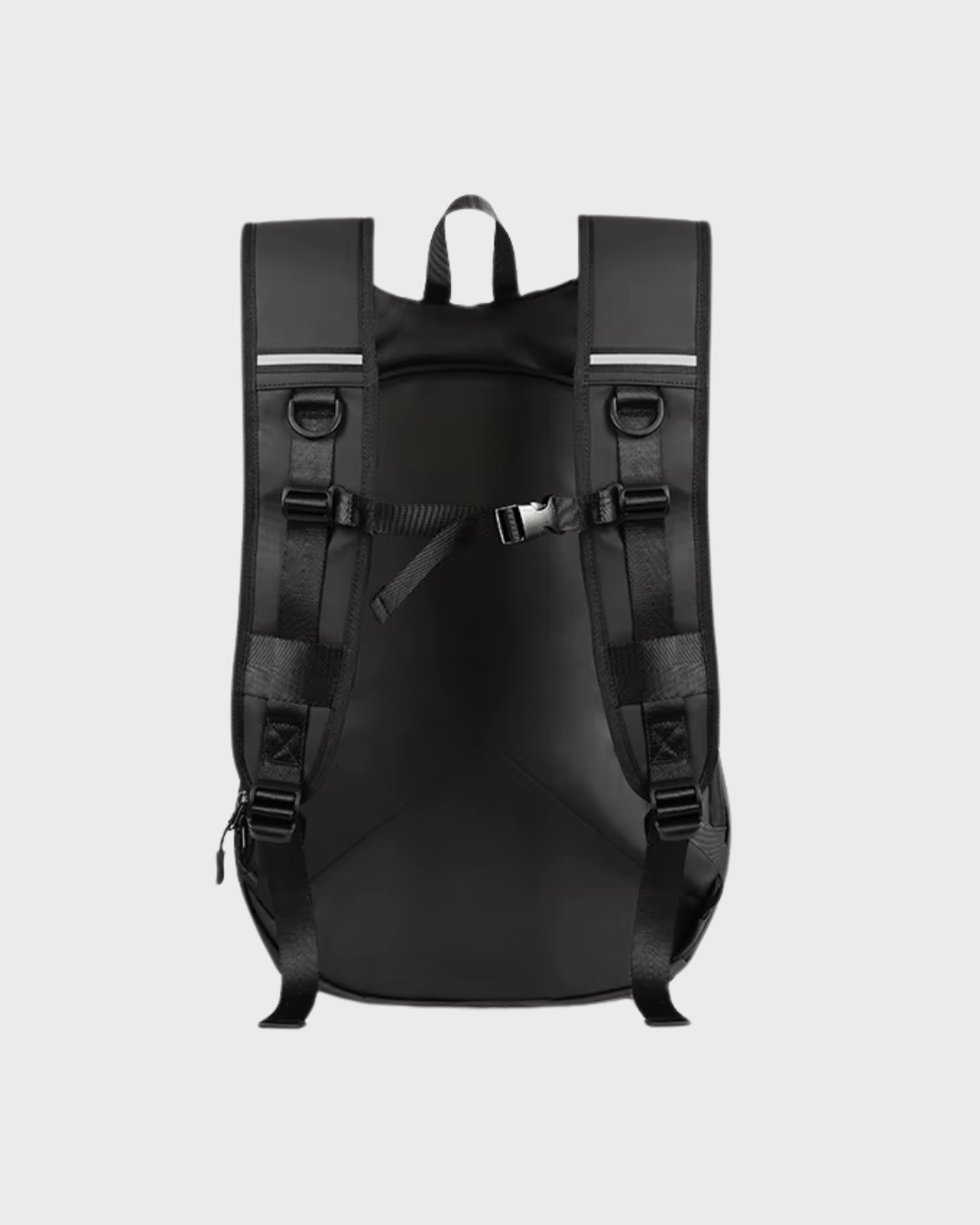 Black waterproof motorcycle backpack shown from the back view on a light gray background.