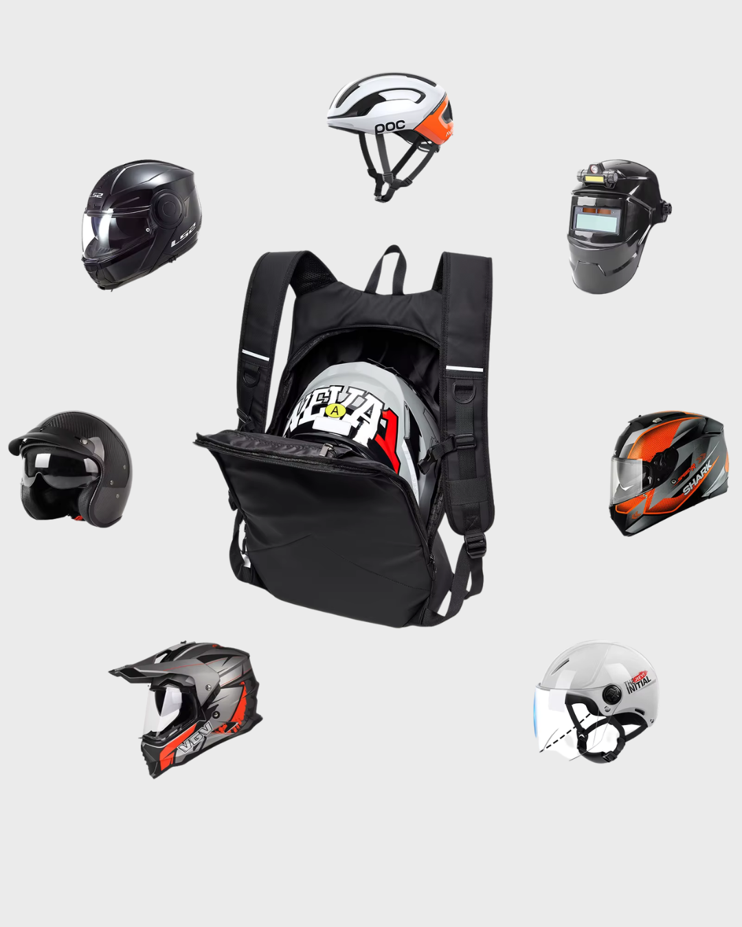 A black waterproof motorcycle helmet backpack shown open on a light gray background, surrounded by multiple motorcycle helmets in different colors and styles.