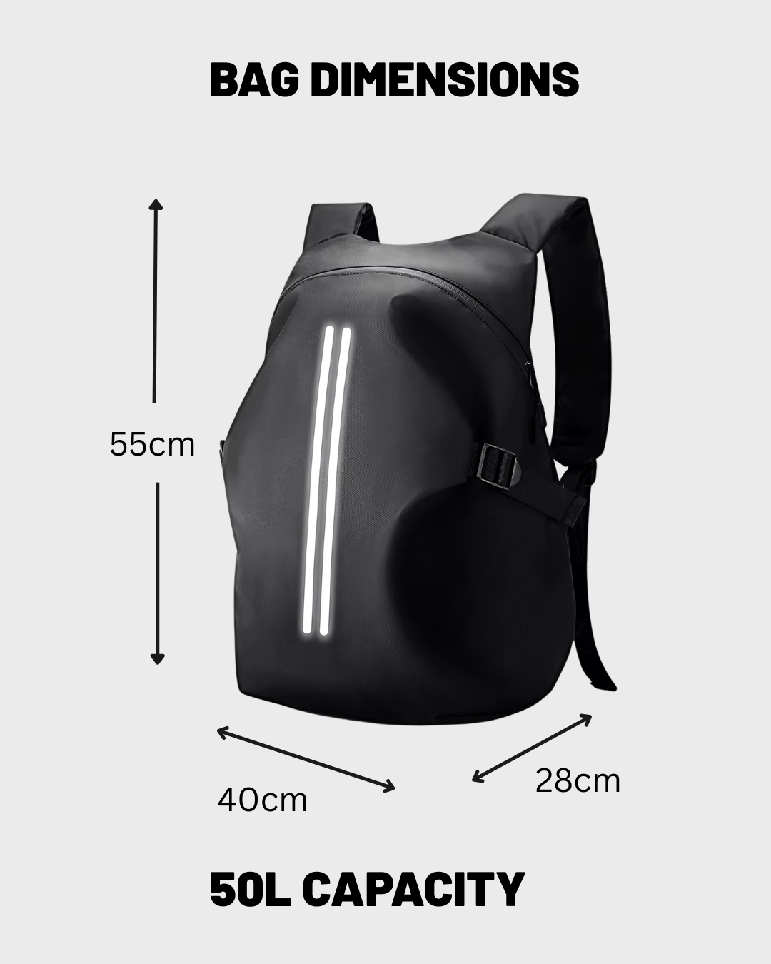 Black waterproof motorcycle backpack shown with dimension arrows and text reading BAG DIMENSIONS, 55cm height, 40cm width, 28cm depth, and 50L capacity on a light gray background.