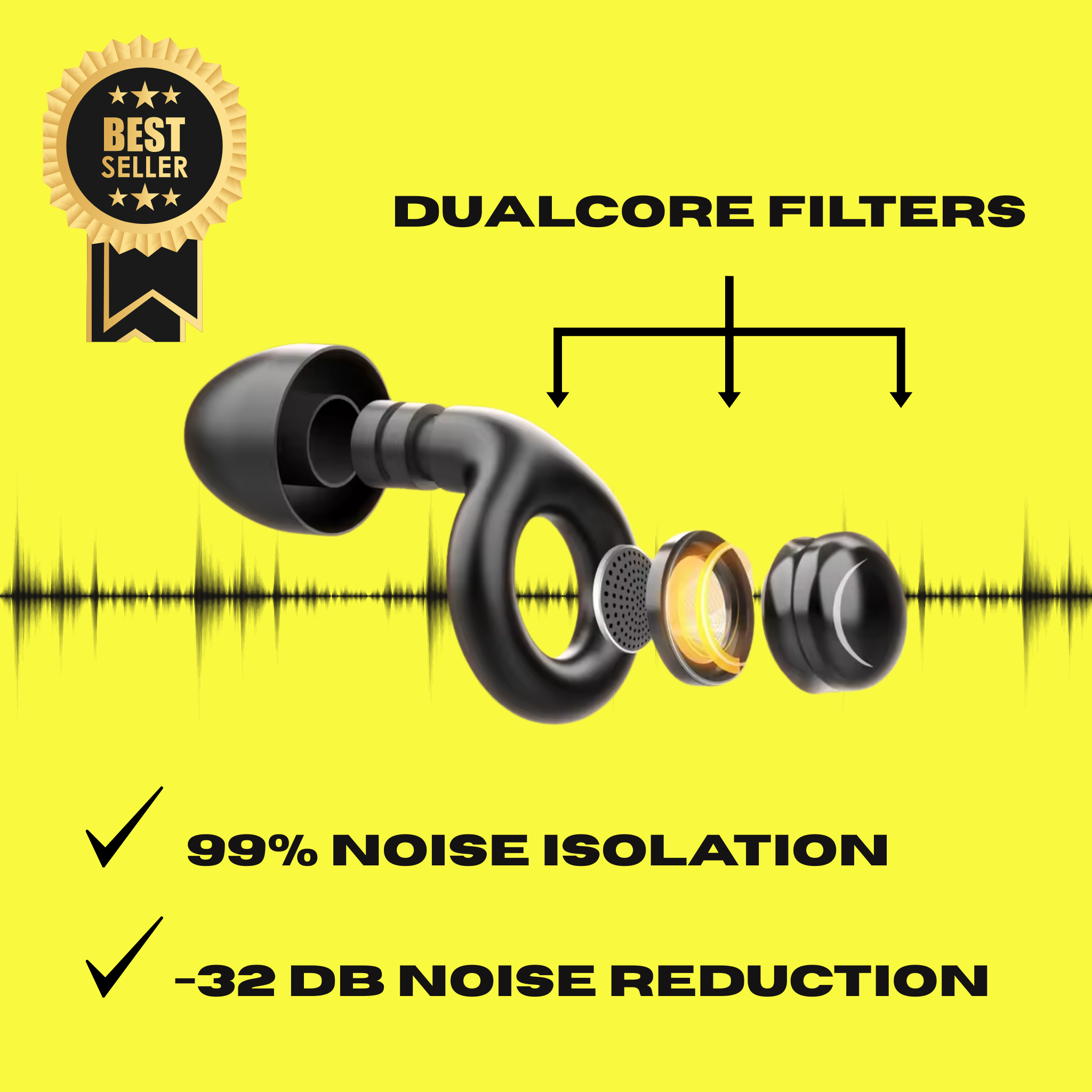 Ride It Rite Black ear plug with dual core filters on a yellow background, highlighting noise isolation and reduction features.