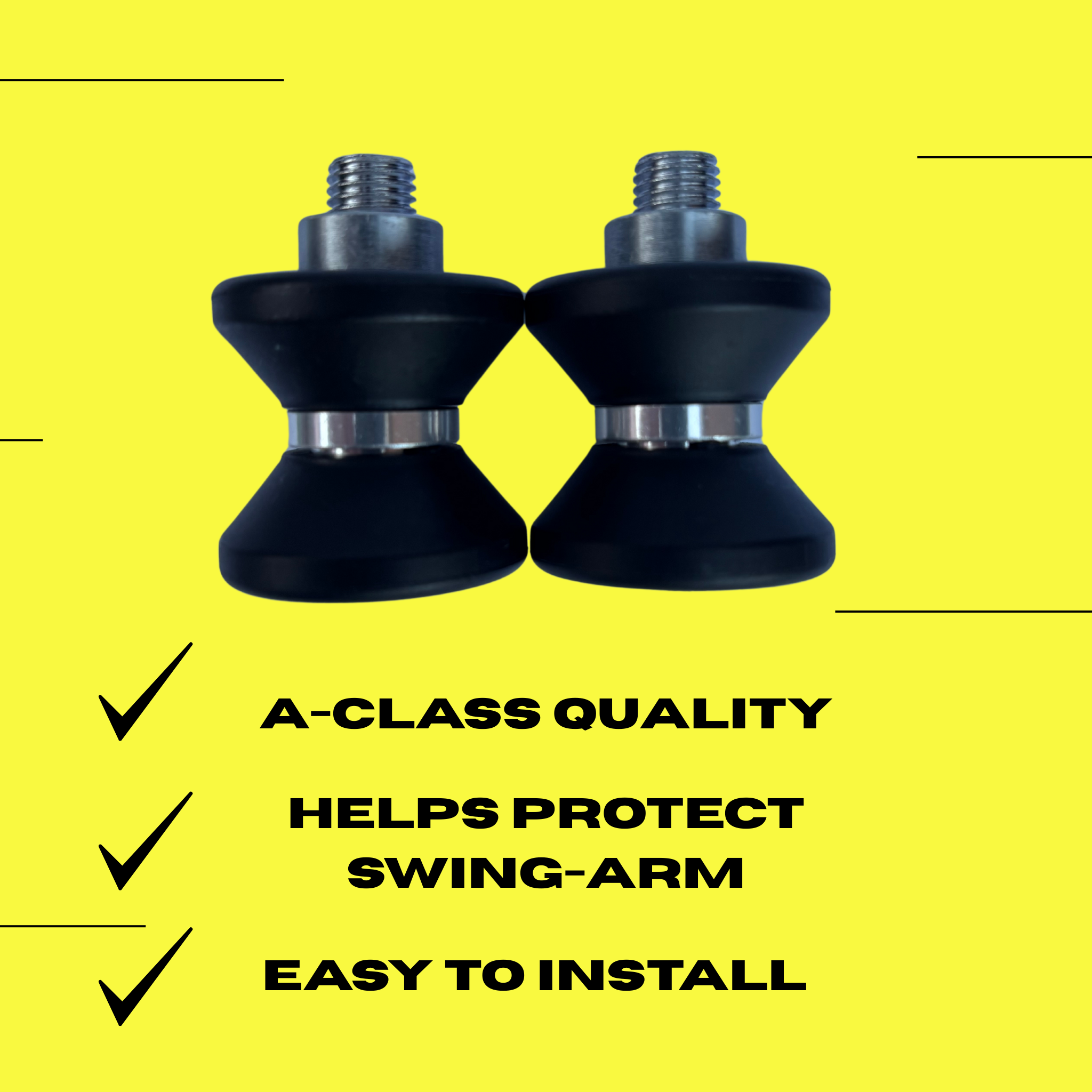 Two black Ride It Rite swing-arm spools on a yellow background with text highlighting quality, protection, and ease of installation.