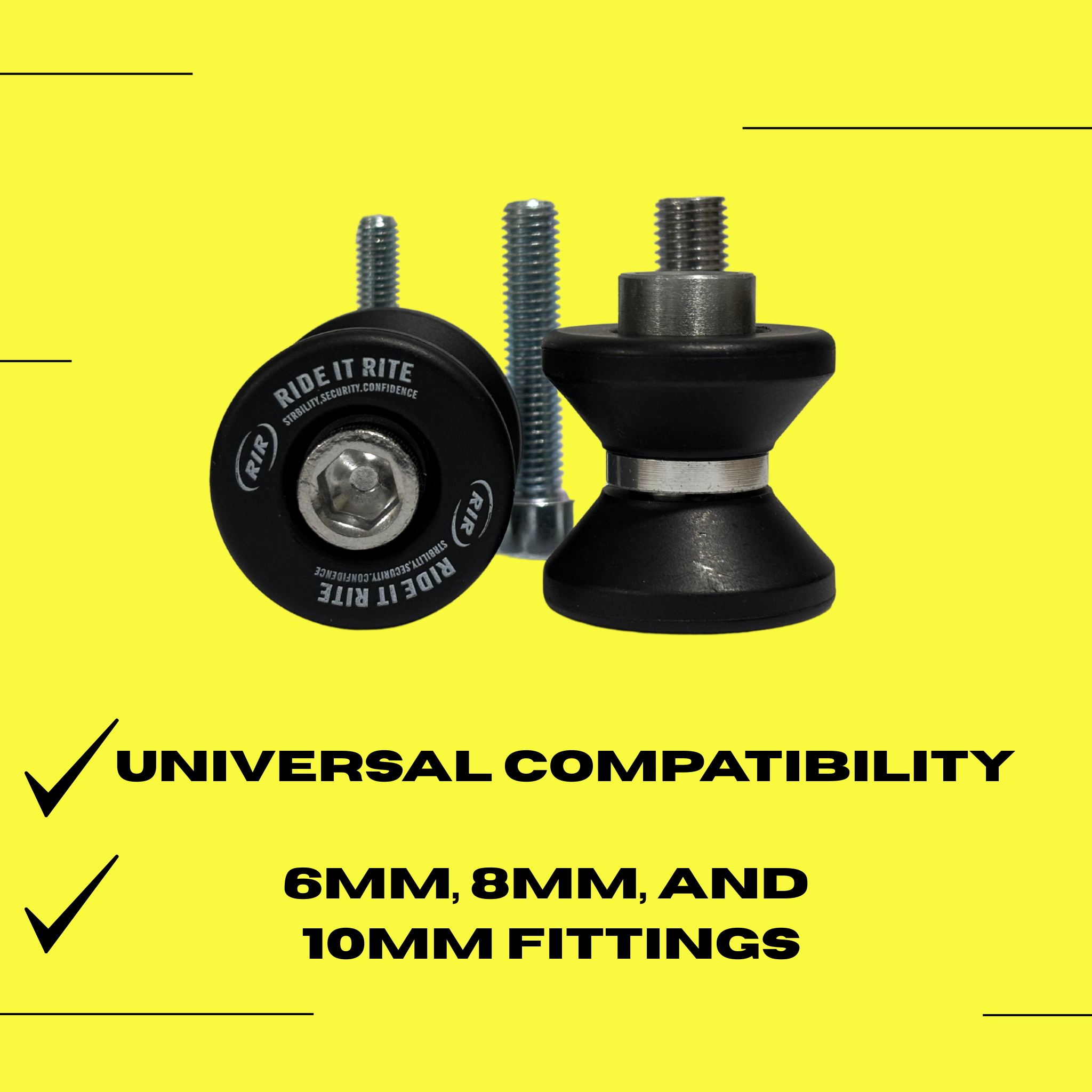 Two Black Ride It Rite Swing-arm spools with 6mm, 8mm and 10mm screws on a yellow background, featuring 'Ride It Rite' branding.