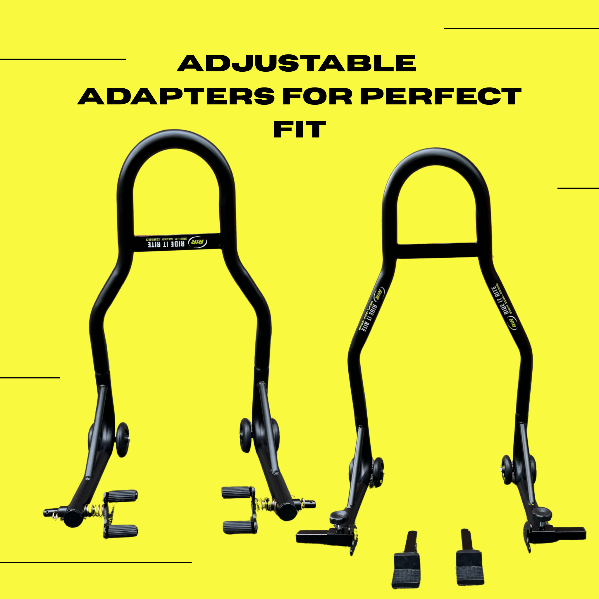 Black Ride It Rite Paddock stands with adjustable adapters, with a yellow background