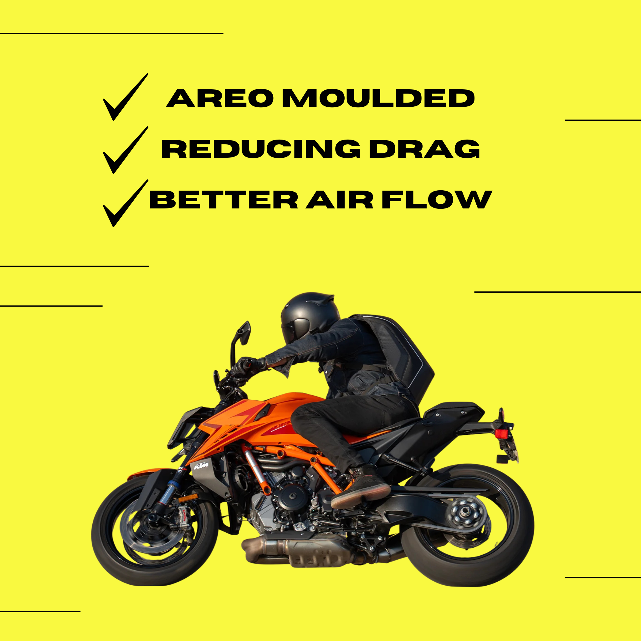 Motorcyclist on an orange motorcycle wearing a Ride It Rite Backpack with text about aerodynamic improvements on a yellow background