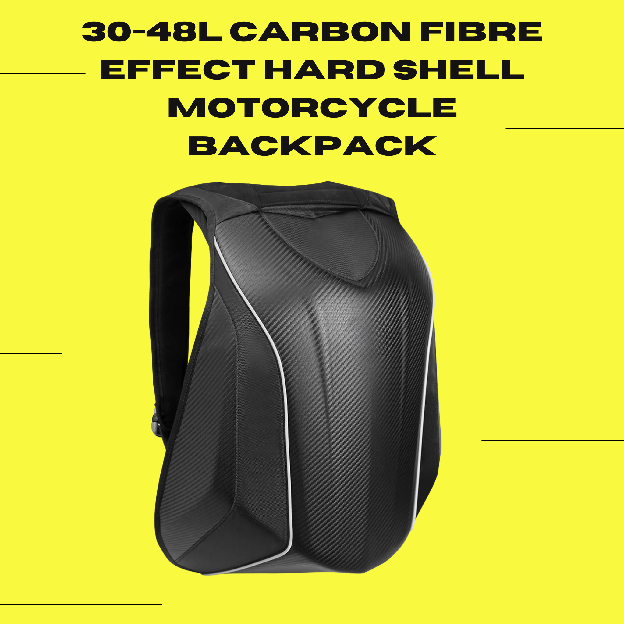 Ride It RIte Black motorcycle backpack with carbon fibre effect on a yellow background