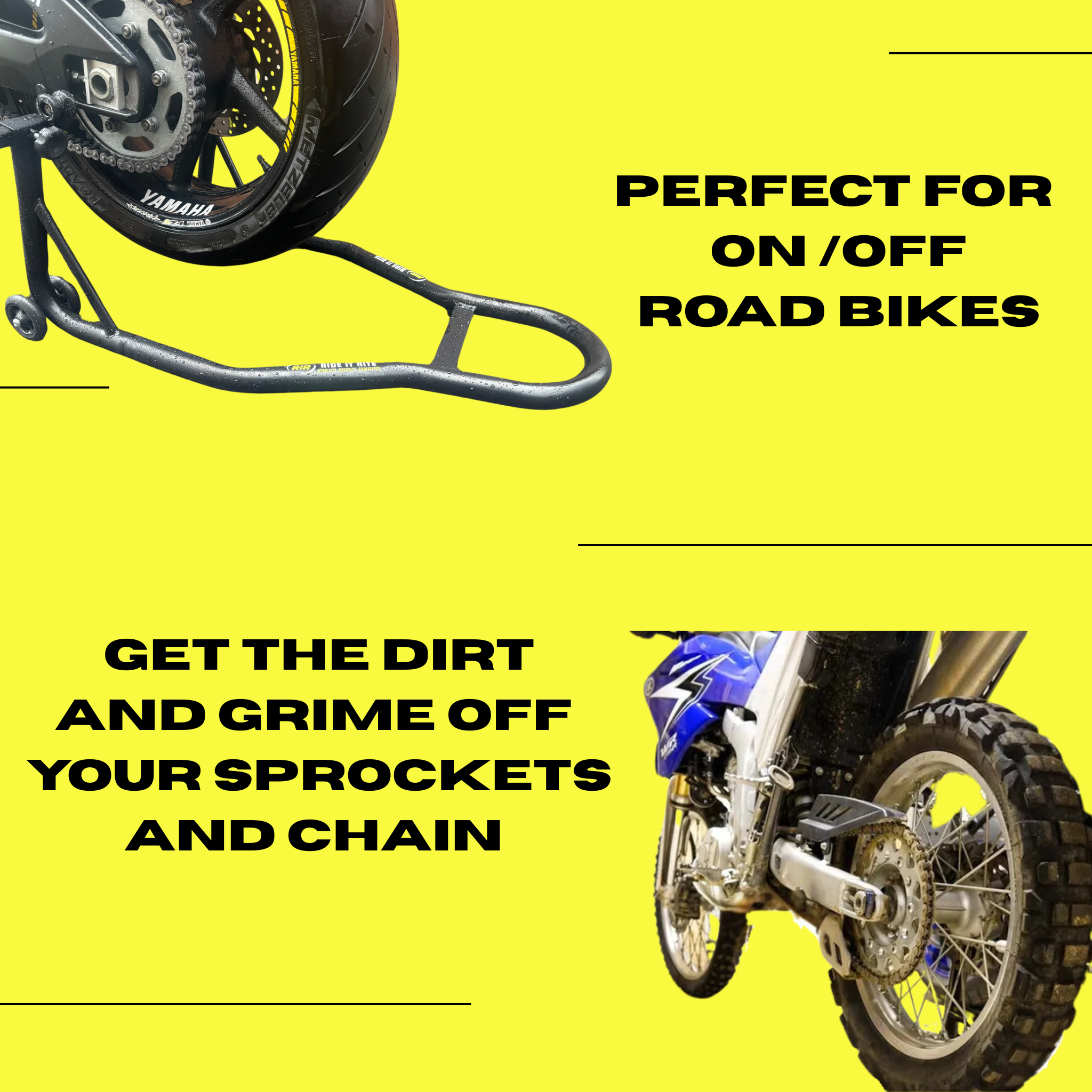 On and off road motorcycles on a yellow background with text on how the Ride It Rite chain cleaning brushworks on both bikes