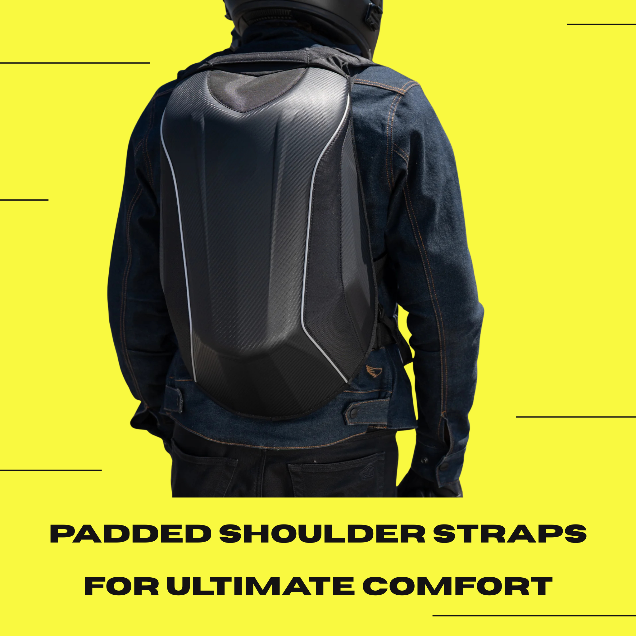 Person wearing a black Ride It Rite backpack with text on a yellow background