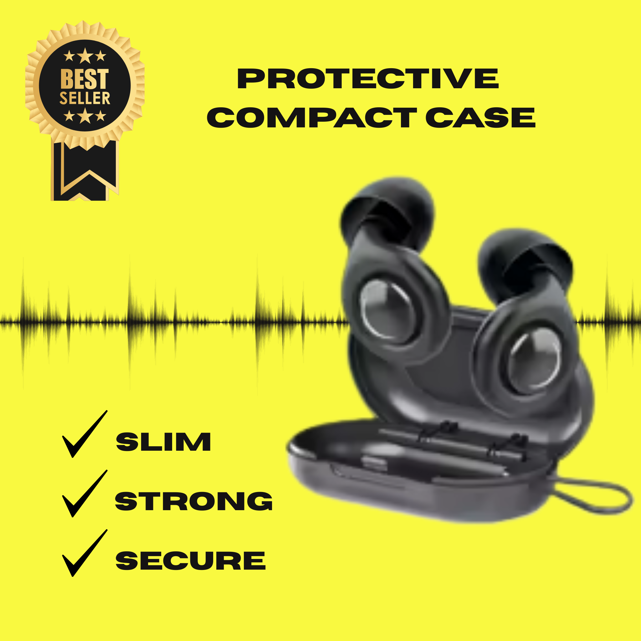 Ride It Rite Black protective compact case with ear plugs on a yellow background, featuring text and a 'Best Seller' badge