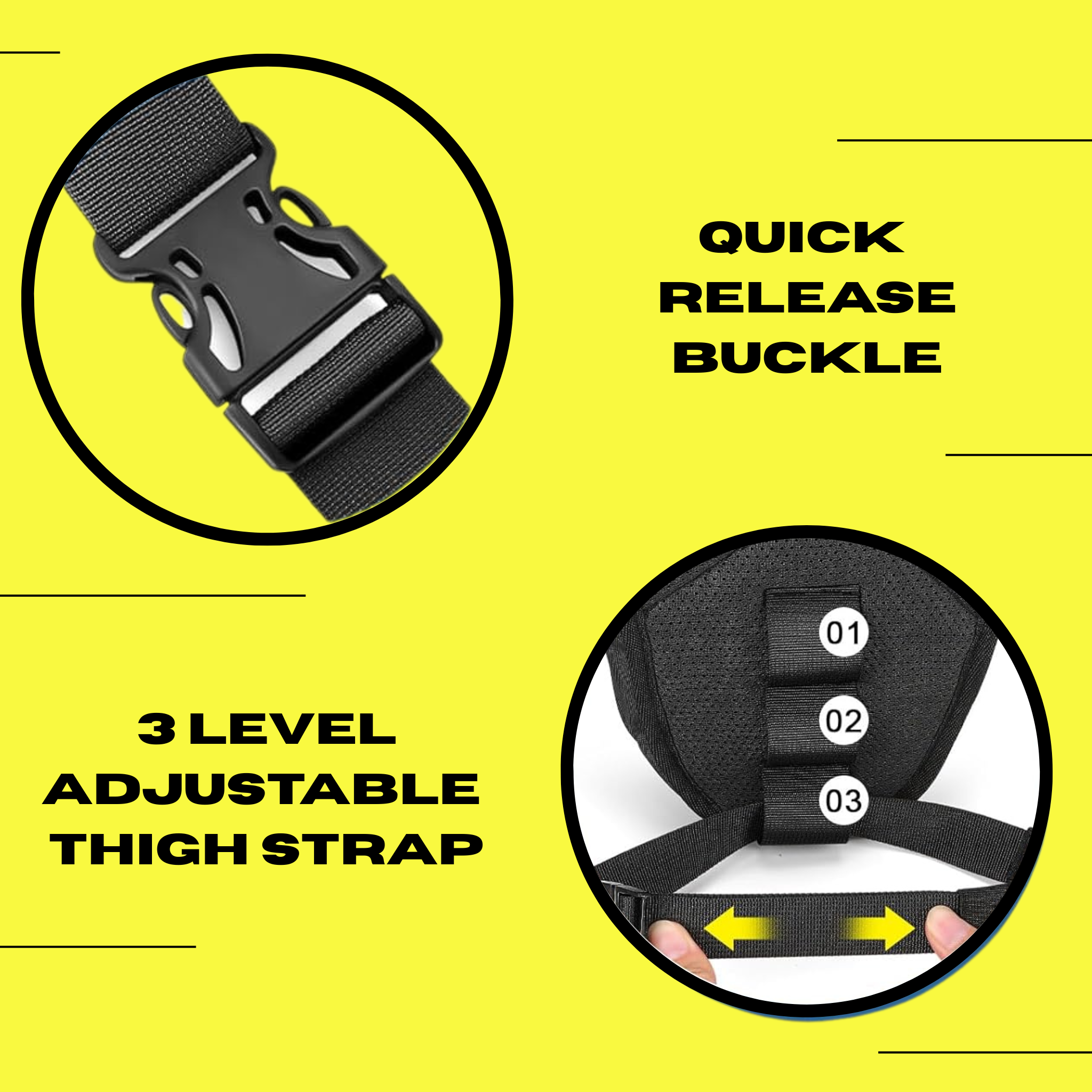 Black Ride It Rite leg bag with quick release buckle and adjustable thigh strap on a yellow background