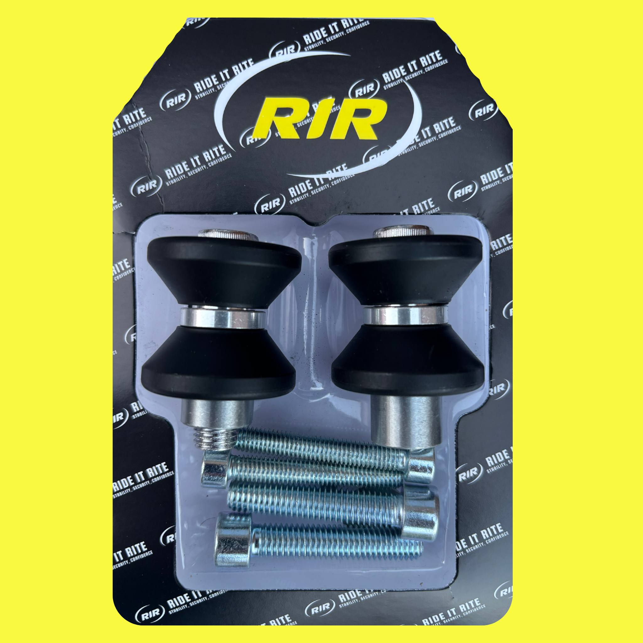 Ride It Rite black swing-arm spools in 'Ride It Rite' branded packaging on a yellow background