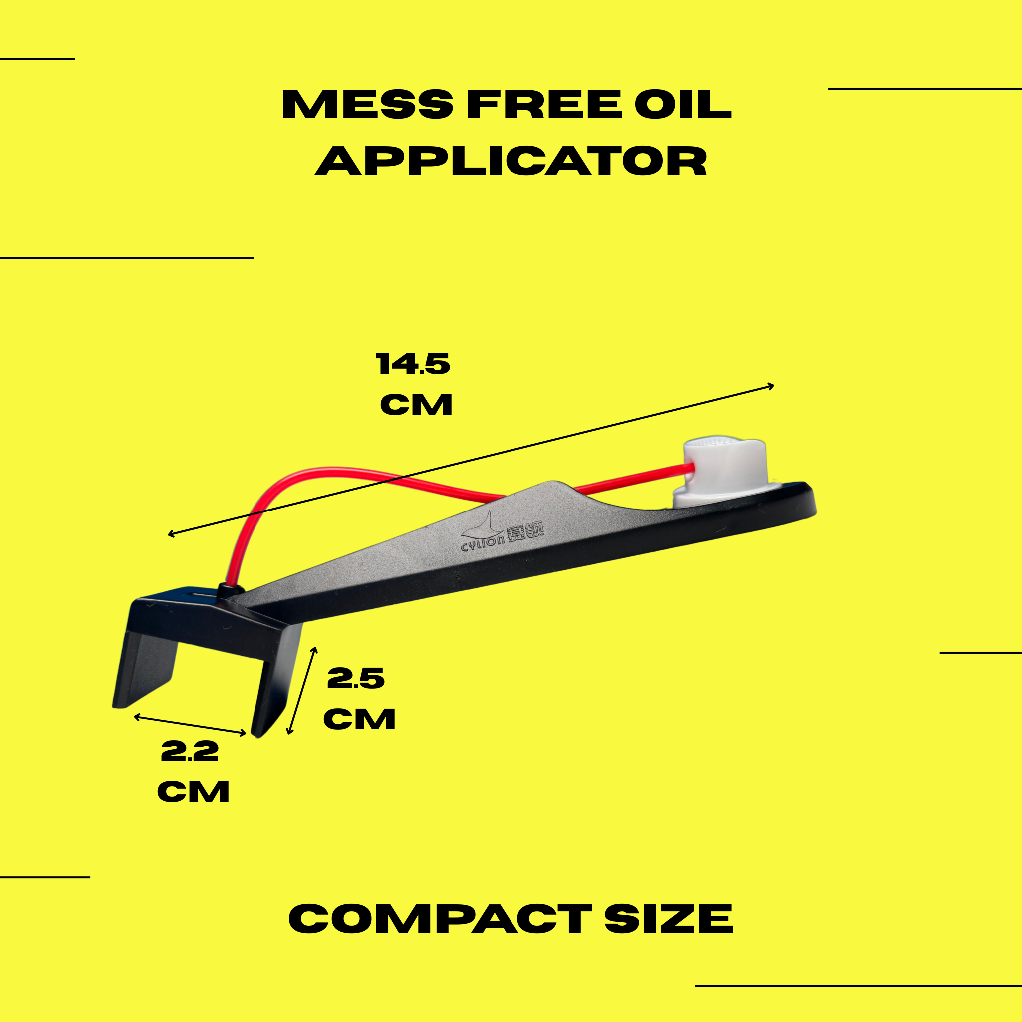 Mess Free Ride It Rite Oil Applicator with dimensions on a yellow background