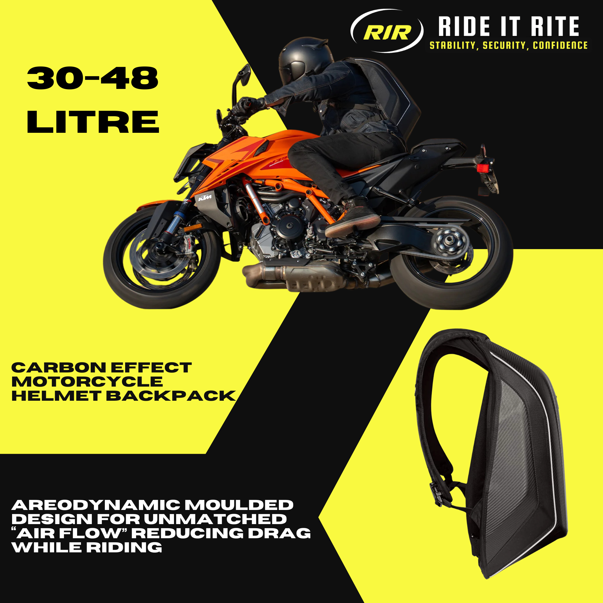 30-48L Carbon Fibre Effect Hard Shell Motorcycle Backpack (Full Face Helmet)
