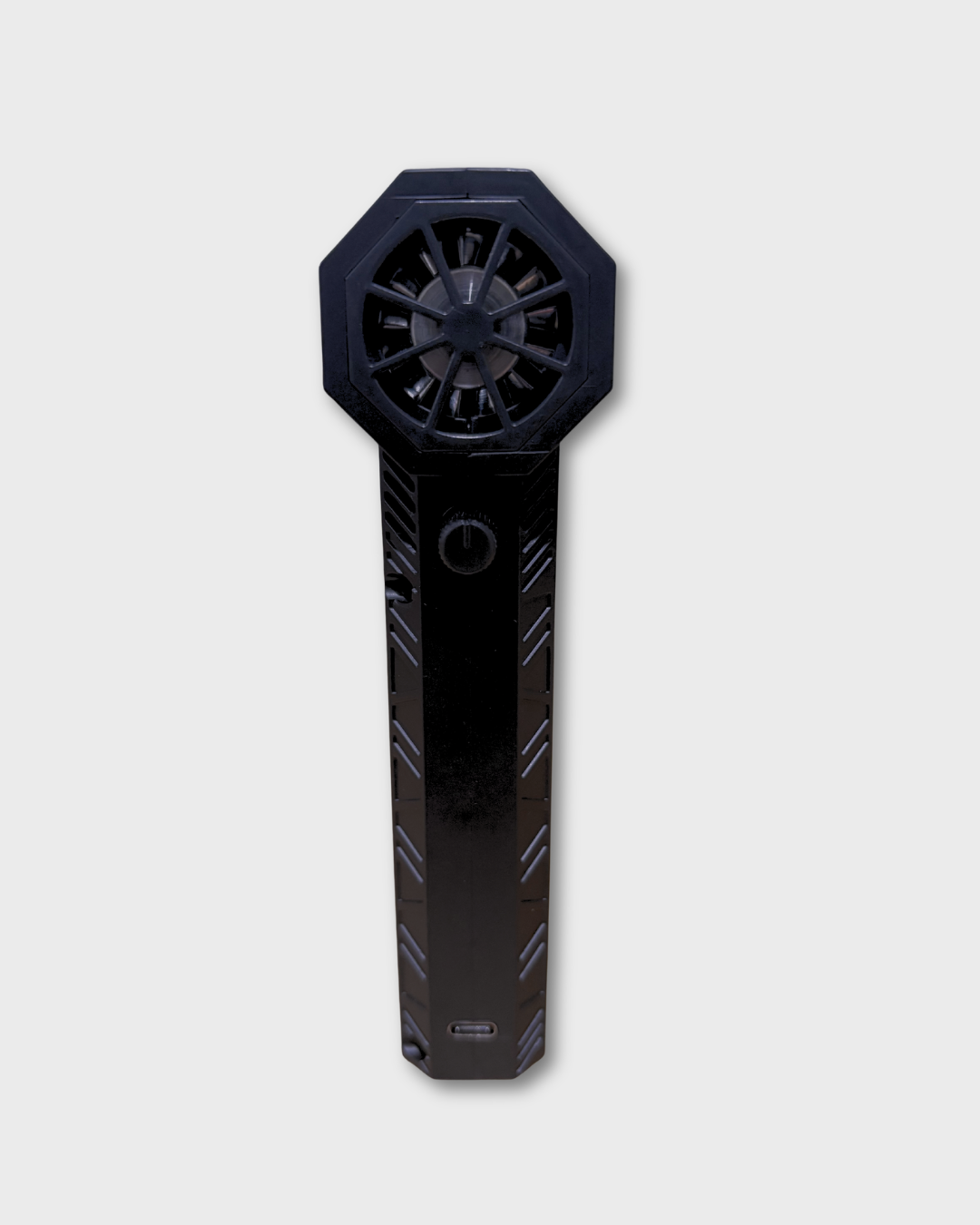A black motorcycle air blower with an octagonal head and a long handle, shown against a light gray background.
