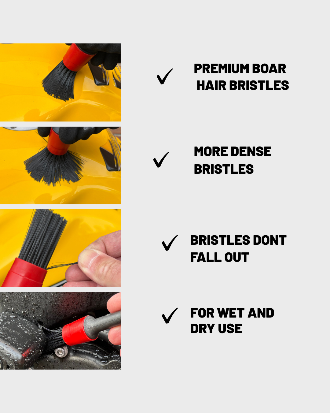 A promotional graphic for a motorcycle detailing brush with four inset photos showing the brush in use on a yellow motorcycle, alongside text claims: premium boar hair bristles, more dense bristles, bristles don't fall out, and for wet and dry use.