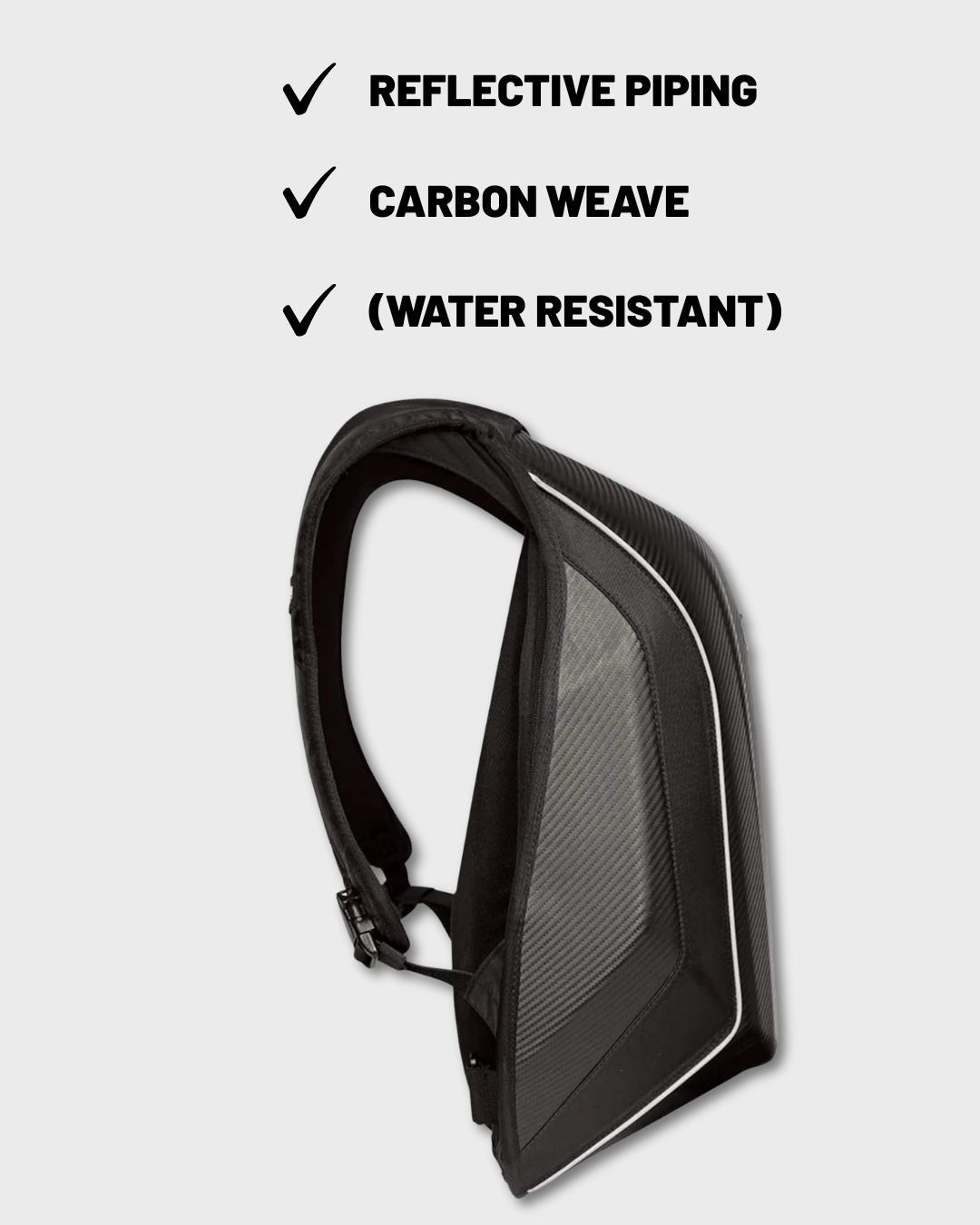 Black hard shell motorcycle backpack with reflective piping and a carbon-weave pattern panel, shown on a light gray background with text highlighting features: reflective piping, carbon weave, and water resistant.