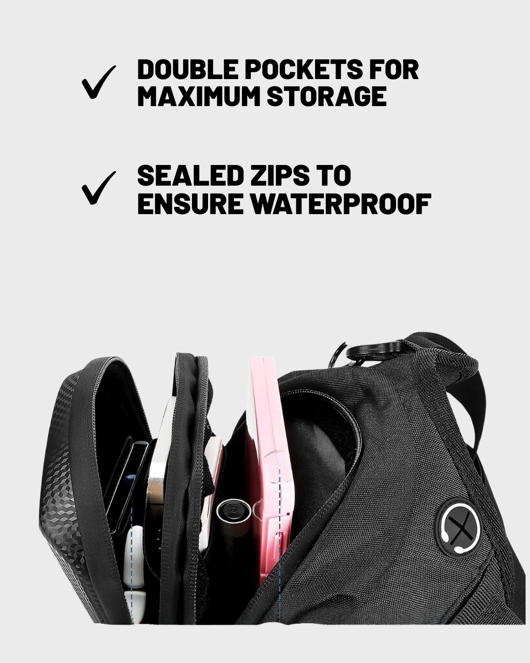 A black waterproof motorcycle leg bag shown with text callouts above it reading 'DOUBLE POCKETS FOR MAXIMUM STORAGE' and 'SEALED ZIPS TO ENSURE WATERPROOF'. The lower portion shows the bag open with compartments containing a phone, wallet, and pink item.