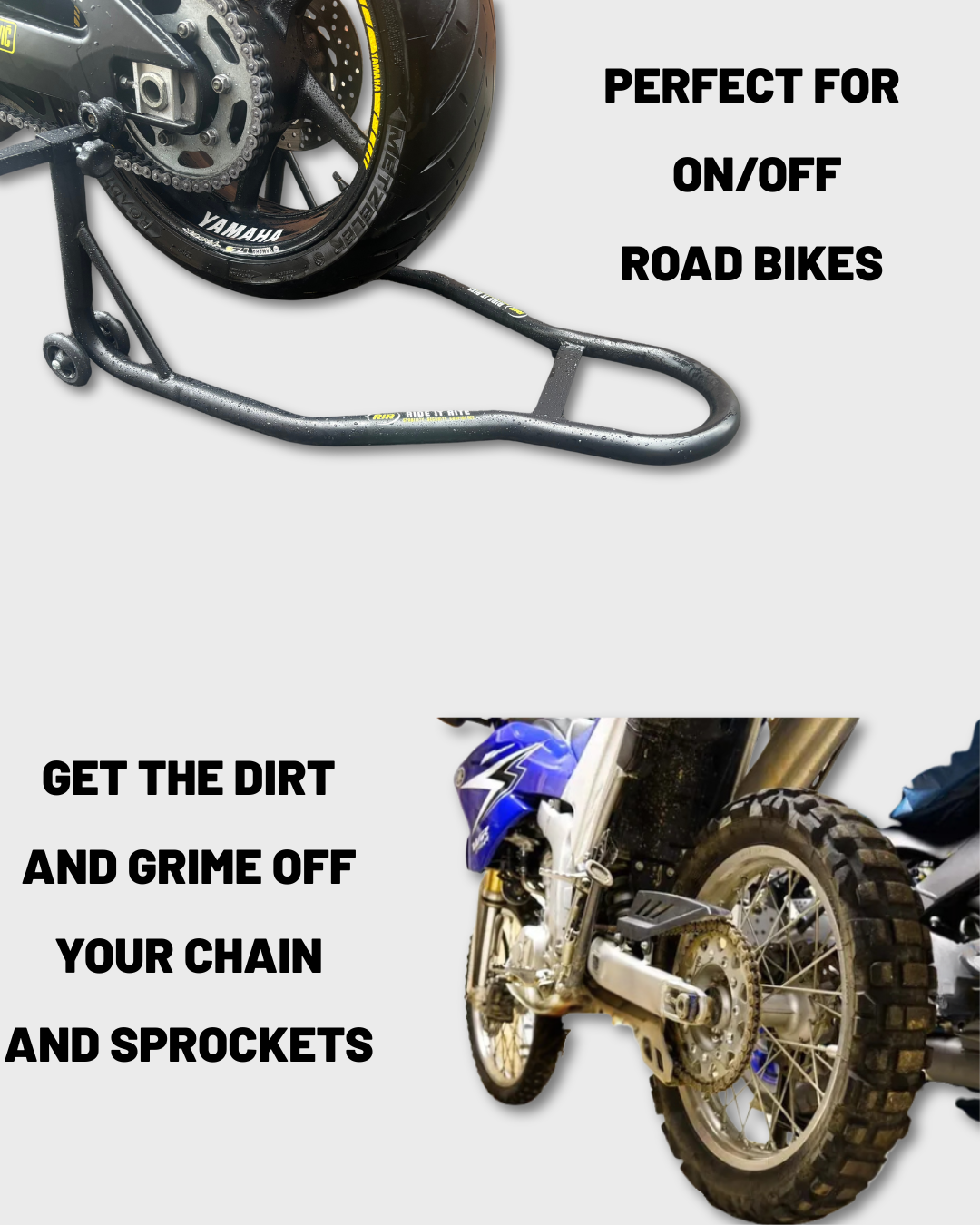A black metal chain guard designed for on/off-road bikes, shown in two application photos with text overlays explaining its use.