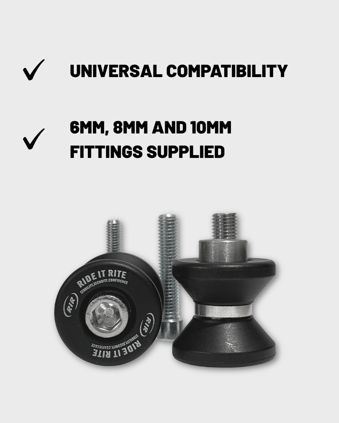 Two Ride It Rite black and silver swingarm spools shown on a light gray background with text highlighting universal compatibility and included 6mm, 8mm, and 10mm fittings.