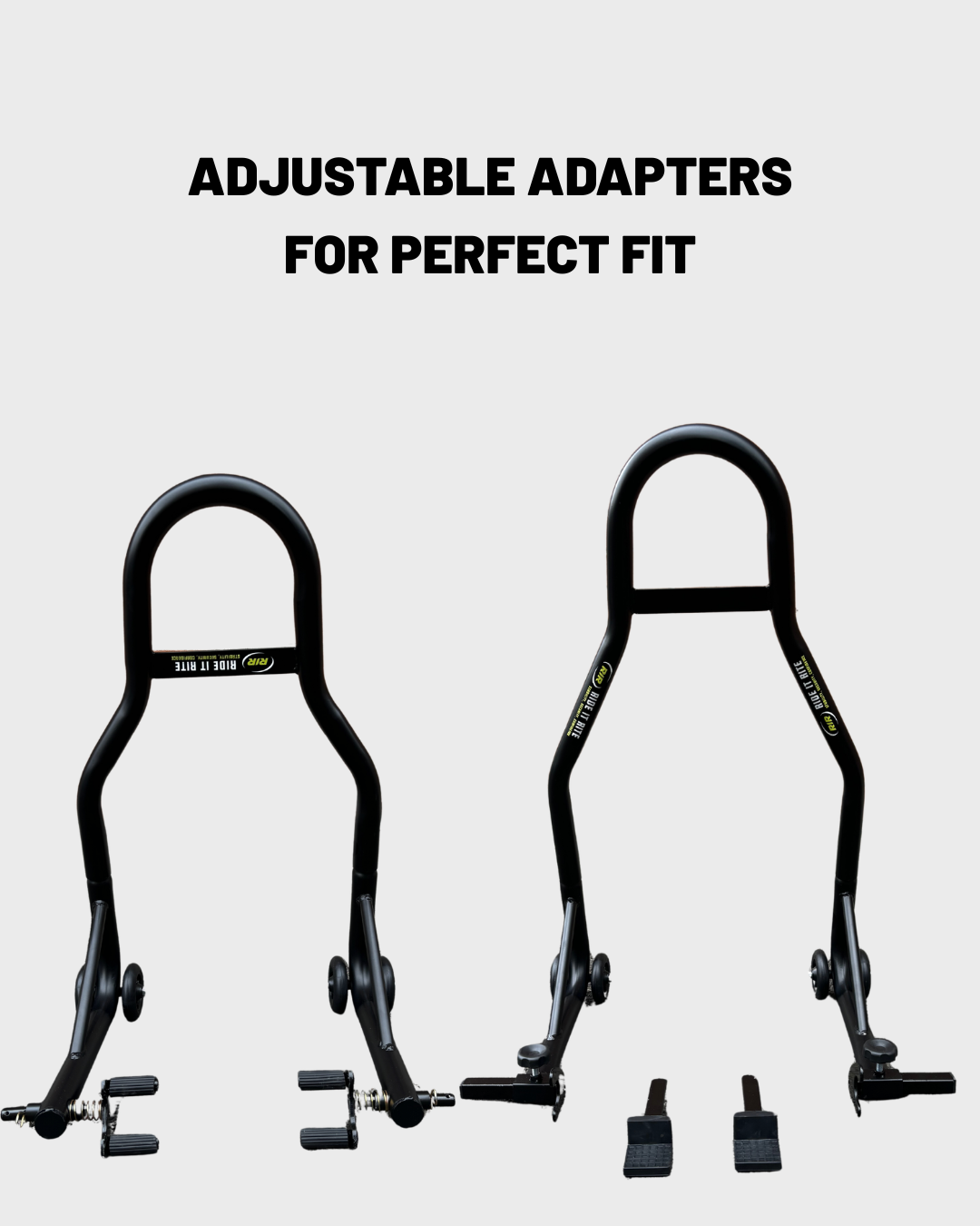 Front and rear black Ride It Rite  paddock stands under the text 'ADJUSTABLE ADAPTERS FOR PERFECT FIT' on a light gray background.