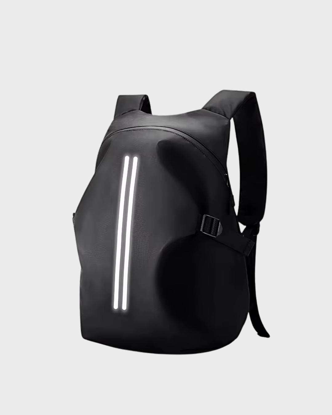 A black waterproof motorcycle backpack with two vertical reflective white stripes on the front, shown against a light gray background. 