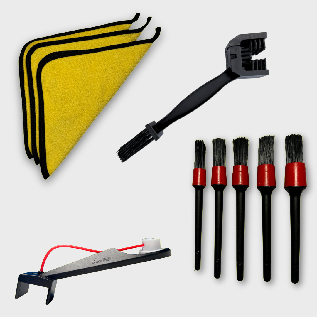 Motorcycle Chain Brush + Chain Lube Applicator + Microfiber Towels + Detailing Brush Set Bundle