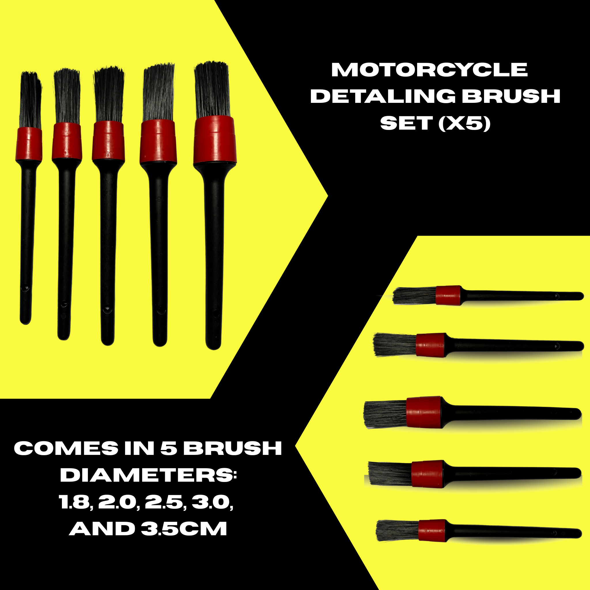 Motorcycle/Car, 5 Pieces Different Size Brush set, Detailing Kit for Cleaning Wheels, Engine and Frame Area