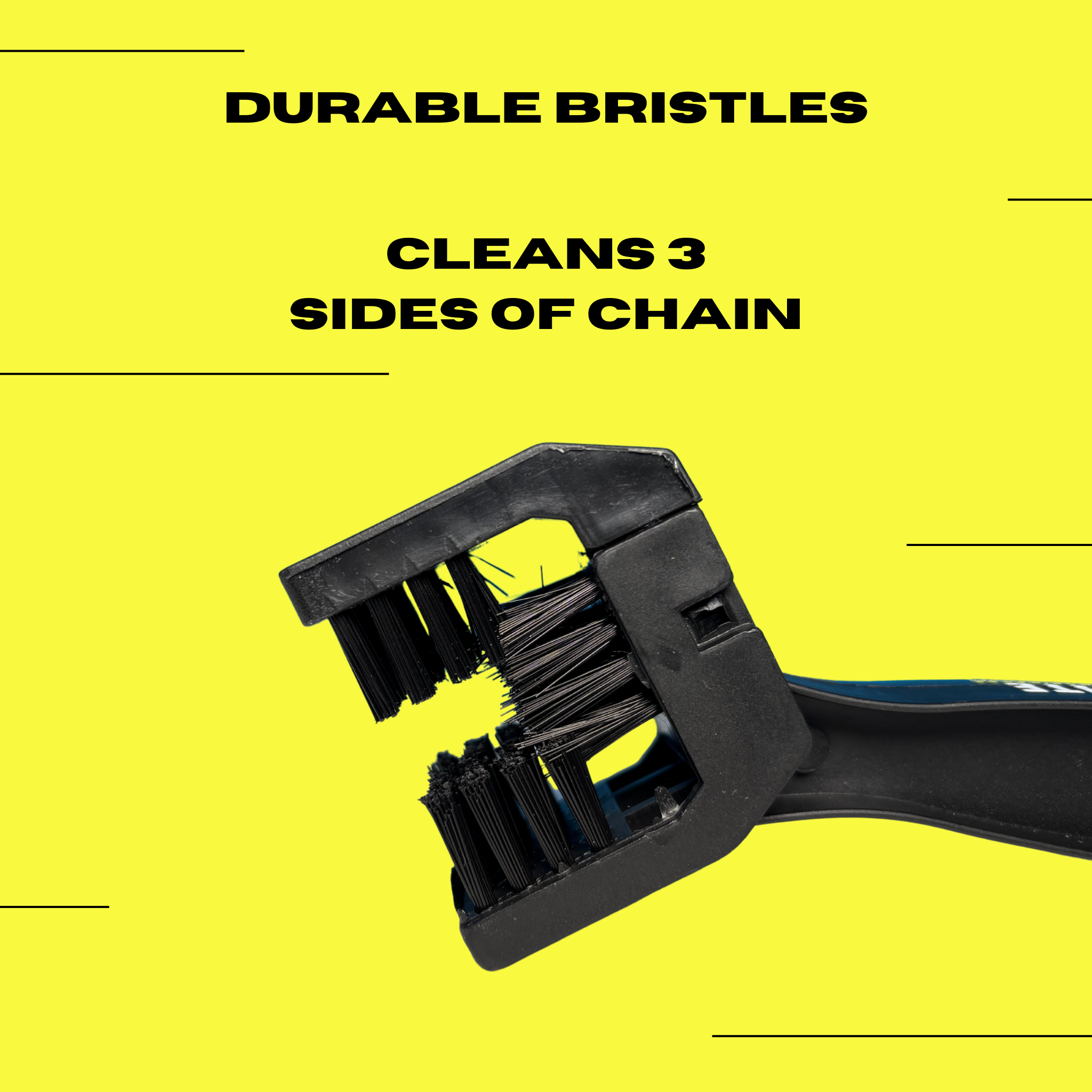 Ride It Rite Black chain brush with durable bristles on a yellow background