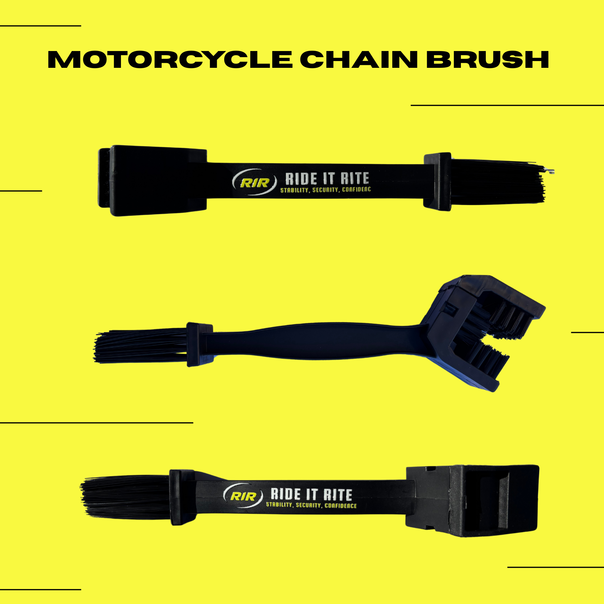 Ride It Rite Motorcycle chain brush with 'Ride It Rite' branding on a yellow background