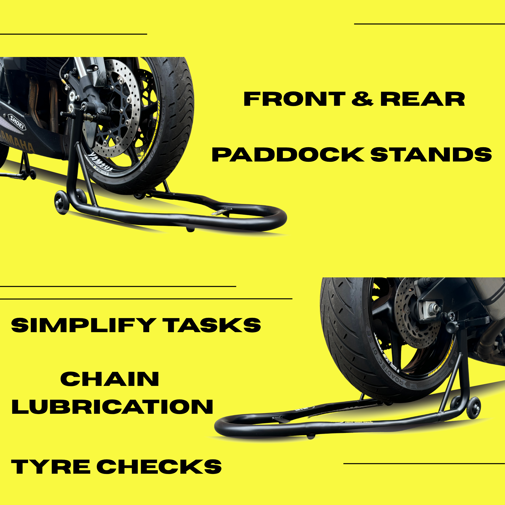 Ride It Rite motorcycle paddock stands on a yellow background with text highlighting their uses.