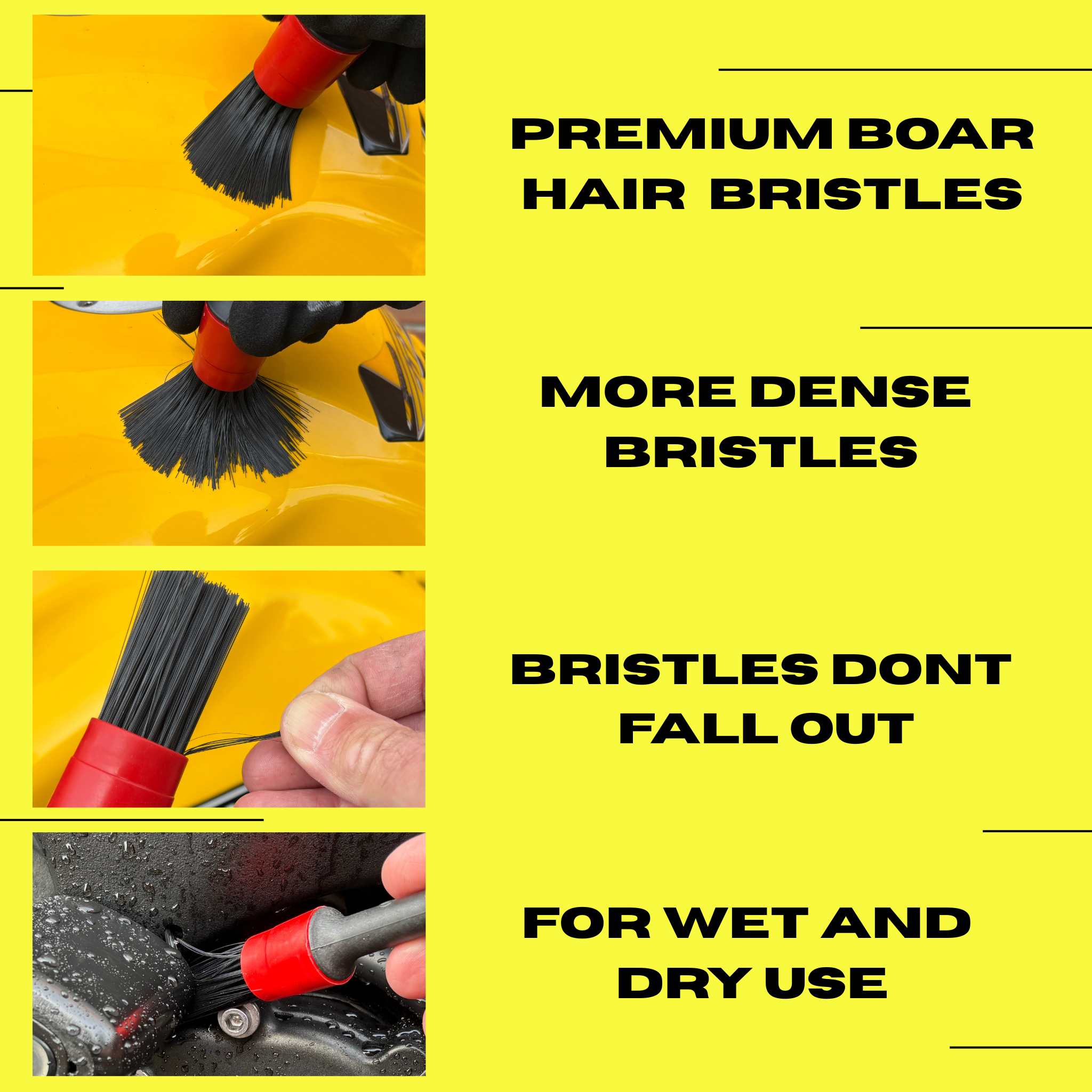Ride It Rite Cleaning brush with text highlighting features on a yellow background