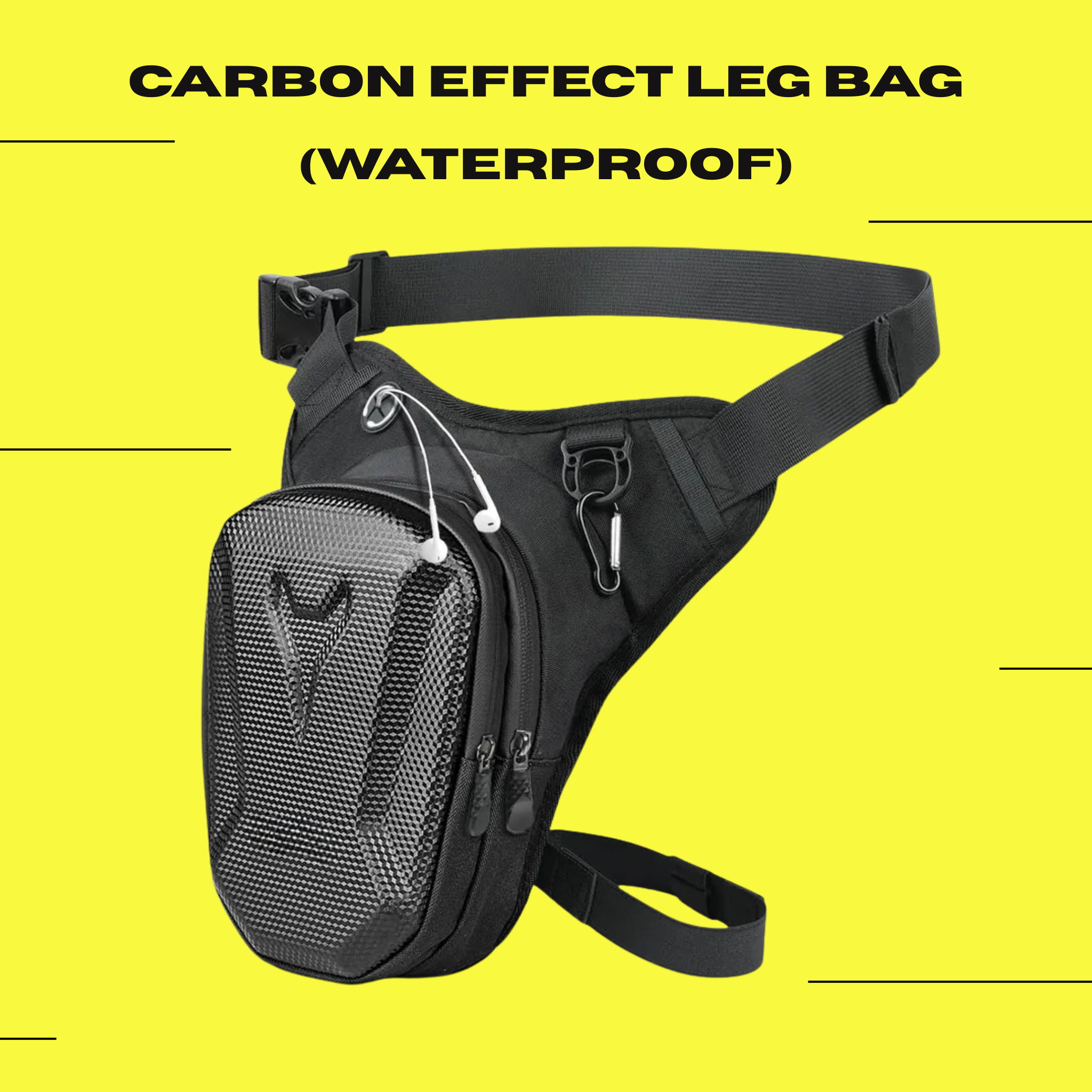 Black Ride It Rite carbon effect leg bag on a yellow background