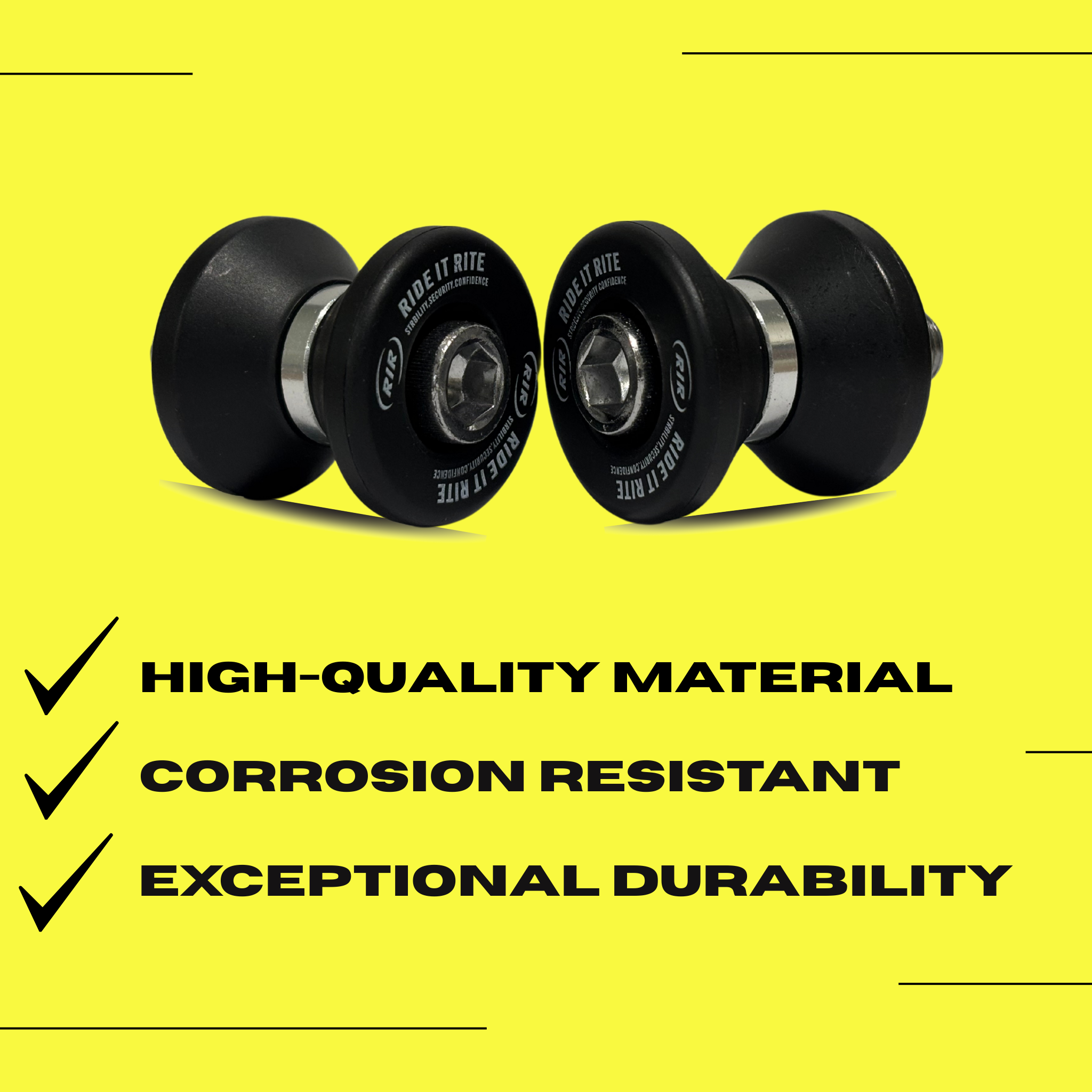 Two black  Ride It Rite Swing-arm spools  on a yellow background with text highlighting material properties.