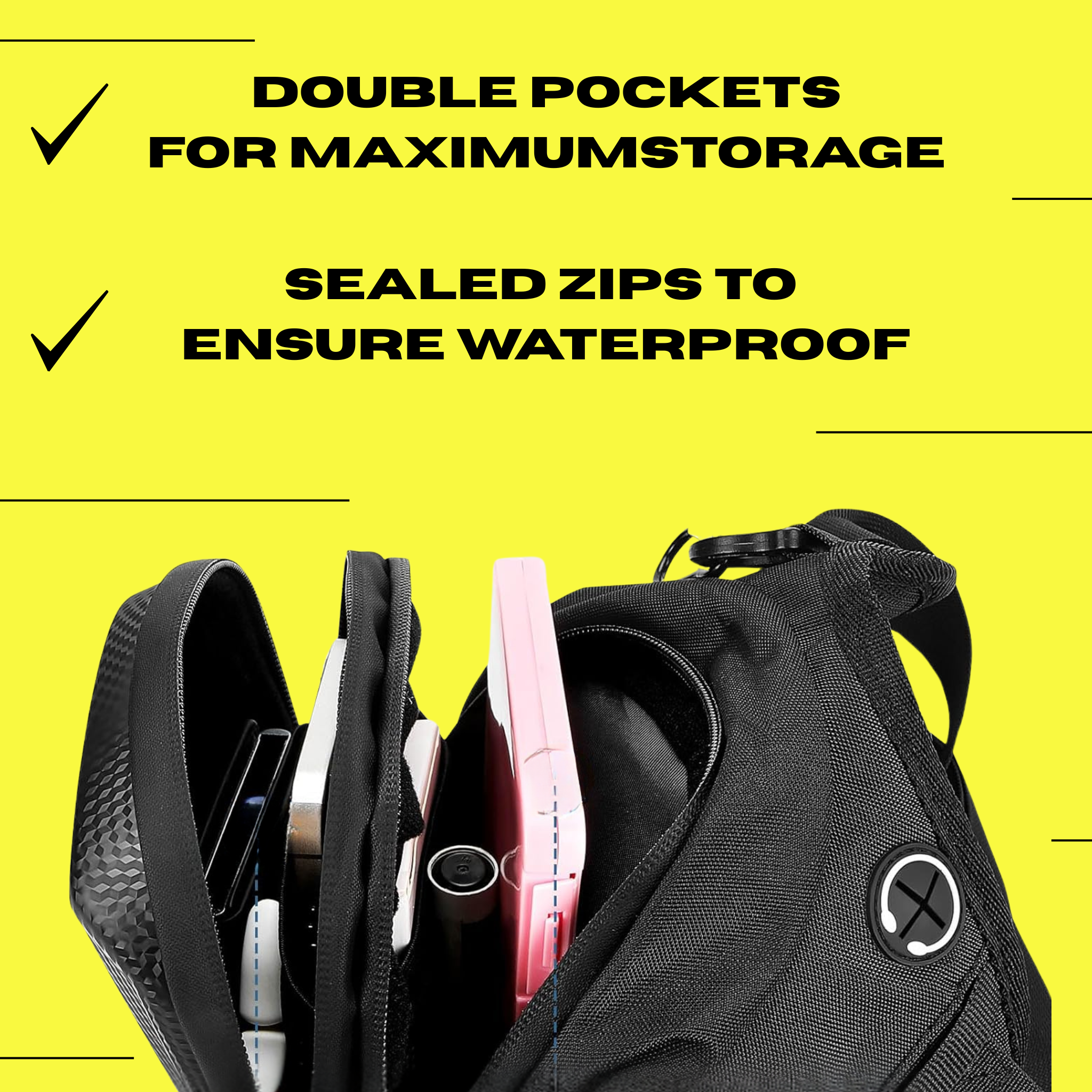 Black Ride IT Rite leg bag with open compartments on a yellow background with text about double pockets and waterproof seals.