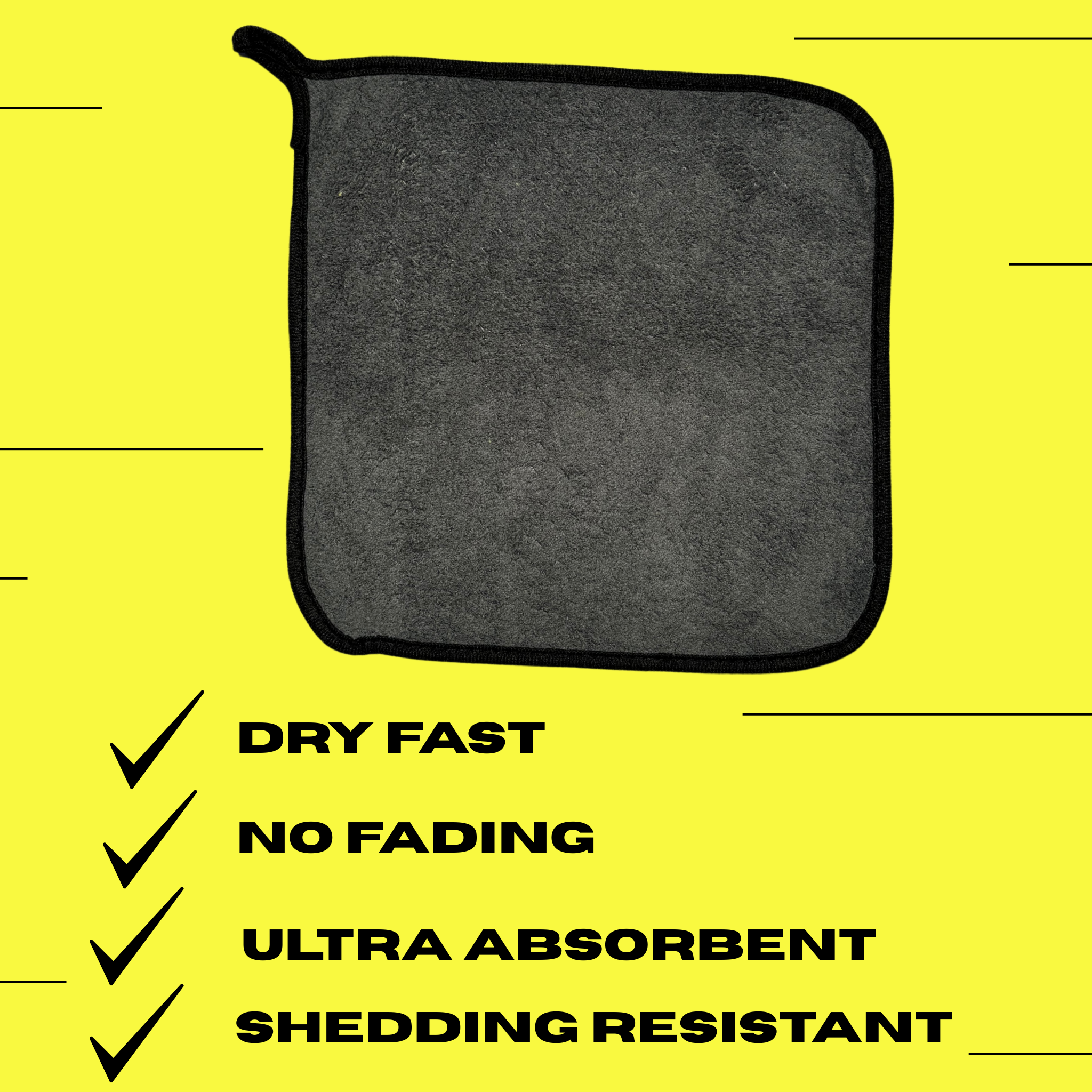 Ride It Rite Grey side of towel on a yellow background with text highlighting features