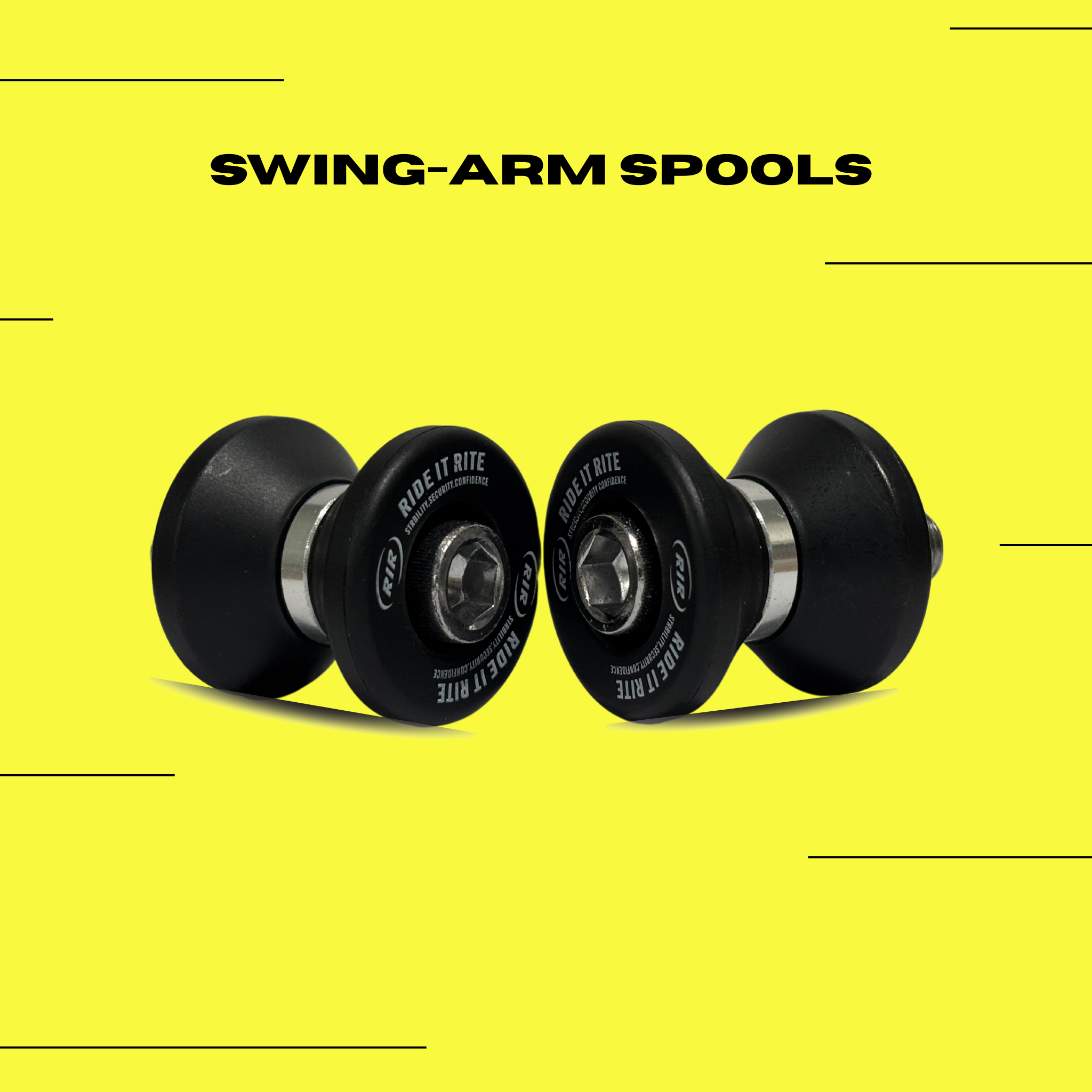 Two Ride It Rite swing-arm spools on a yellow background with 'Ride It Rite' banding